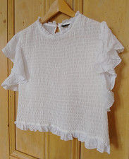 Zara Size S/M White Shirred Front Frilled Frilly Flutter Sleeve Cropped