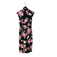 Karen Millen Navy Pink Rose Print Pleated Waist Oriental Pencil Dress - Size 10