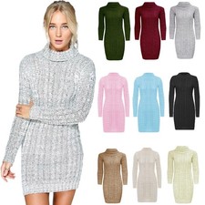 Womens Jumper Dress Cable Knitted Polo Neck Bodycon Pullover Tunic Mini Dress