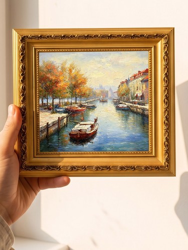 Autumn canal boats oil - autumn,