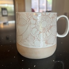 Stoneware Mug. Unusual Floral Pattern. Neutral Tones. Very Good Condition.