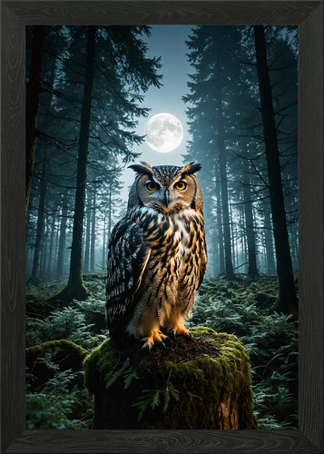 Owl moonlight forest framed - forest,