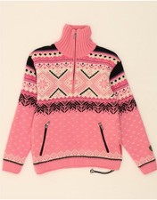 HOT STUFF Womens Zip Neck Jumper Sweater UK 2 2XS Pink Fair Isle Wool AR01