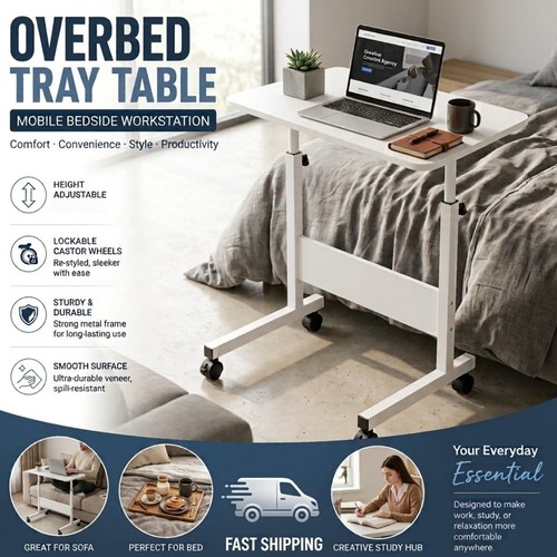 White adjustable overbed table - white,