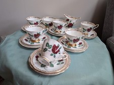 Rare Royal Standard Pedestal Teaset 6 Trios Jug & Sugar Red Velvet Red Roses 