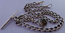 Antique solid silver double pocket watch albert chain & bloodstone swivel fob