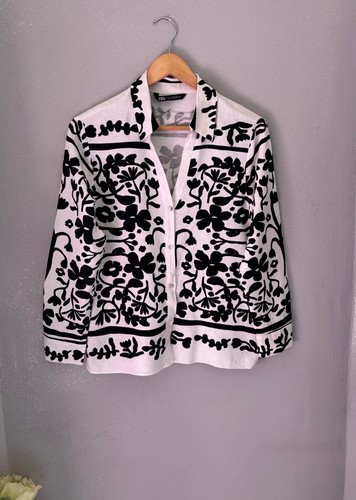 Zara black white floral linen - white,