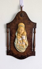 Vintage Chalkware Plaster & Teak Wood Holy Wall Plaque Virgin Mary & Baby Jesus