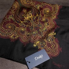 Drake's Silk Wool Paisley Bandana Scarf / Yellow Bordeaux Paisley / 65 x 65cm