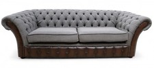 3 Seater Grey Fabric With Brown Real Leather Chesterfield Belmont Sofa Couch