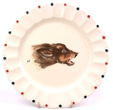 French Dog Plate Longwy Pottery France Nemrod Hand Painted Enamel Signed