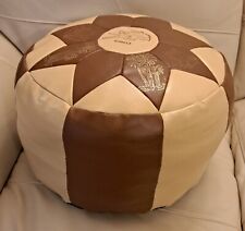 Vintage Round Leather Footstool Foot Rest  Pouffe From Cyprus Brown/Cream 