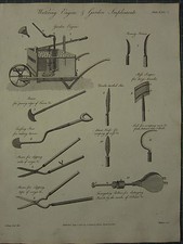 1806 DATED HORTICULTURAL PRINT ~ WATERING ENGINE GARDEN IMPLEMENTS BELLOWS SHEAR