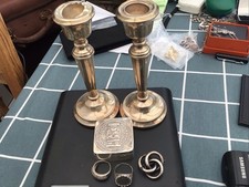 Scrap 2 Silver Candle Sticks, 2 Rings,Brooch,Mexico 925 Pill Box W241g