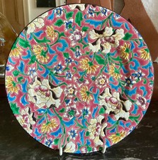 Antique French plate w raised multicoloured decoration, Longwy, mainly pink