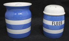 T.G. Green Cornishware 1930's Blue Striped Green Stamp Lidded Jar & Flour Shaker