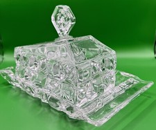Vintage Retro Clear Geometric Pressed Glass Butter Cheese Dish Christmas Table