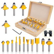 Pro Quality 15pc 1/2inch Shank Router Bit Set in Illustrated Wooden Box Case