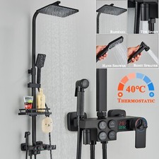 Black Exposed Thermostatic Shower Mixer Taps Bath Twin head Large Square Bar Set