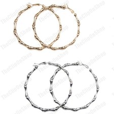 CLIP ON bamboo HOOP EARRINGS retro 80s vintage style GOLD/SILVER FASHION HOOPS