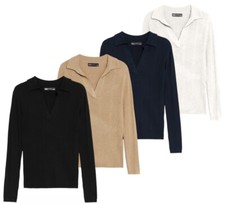 M&S Ribbed Top Jumper Collared V Neck Ladies Knitted Long Sleeve Knit Blouse 