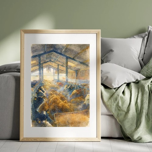 Watercolour cattle shed print - shed,