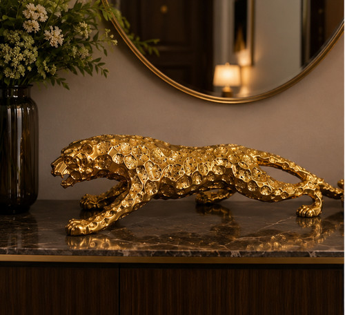 Gold leopard statue modern - gold,