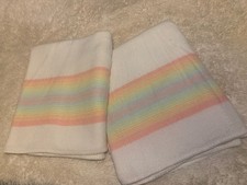 Vintage Wool Ivory Rainbow Stripe Border Heavy Thick Double Size Bed Blankets