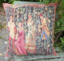 Large Medieval Grape Harvester Tapestry Style Feather Cushion  50 x 50cms