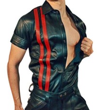 MEN'S REAL LEATHER Black Police Military Style Shirt  BLUF ALL SIZE Schwarz Cuir