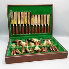 Vtg 44 Piece Cutlery Set ~ Polished Bronze Metal with Rose Wood Handles Boxed