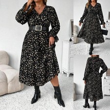 Plus Size Women Boho Floral V Neck Maxi Dress Holiday Party Swing Long Dress