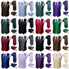 Mens Waistcoat Tie Set Pocket Square Cufflinks Wedding Paisley Floral Solid