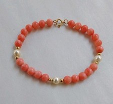 Vintage 14k Gold Angel Skin Coral Bead & Fresh Water Pearl 7" Bracelet 7.5 Grams