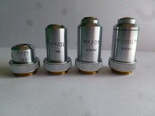 LEITZ MICROSCOPE OBJECTIVES : x4/0.12, x10/0.23, x40/0.65, x100/1.30   (ref 221)
