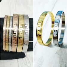 Stainless Steel Bracelet Bangle Roman Numerals Greek Keys Pattern Women Bracelet