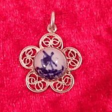 Vintage Delft Blue Windmill Pendant 835 Silver Filigree Dutch Hallmarked