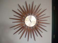 Vintage Mid Century Modern Paico Teak Wood & Metal Sunburst Starburst Clock