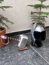 Medieval Knight Helmet & Thor Hammer 15" Set Steel Armor Cosplay Prop Handmade