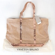 Vanessa Bruno Cabas Large Zipped Tote Bag Linen Sequins in Beige and Copper