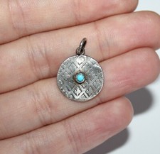 Beautiful Victorian Love Token 1890s Threepence Pendant Turquoise Fleur de Lys
