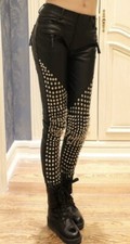 Genuine sheepskin heavy rock punk style metal studded skinny pants for women