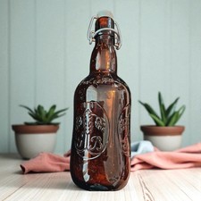 Vintage GROLSCH amber brown lager glass beer bottle with porcelain swing top