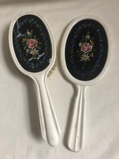 VINTAGE White Plastic Floral Embroidered Dressing Table Set Hairbrush + Mirror