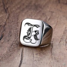 Royal Initial Signet Ring Men Stamp Band Stainless Steel Letter Customized Gift