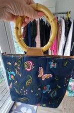  Bueno Embroidered Tote Bag Bamboo Handles Butterflies Bees Floral Blue Boho
