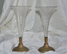 Pair of late Victorian tall wrythen glass trumpet flutes vases in metal bases