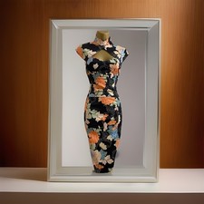 VINTAGE KAREN MILLEN BLACK FLORAL ORIENTAL-STYLE WIGGLE DRESS UK 12 (US 8) EU 40