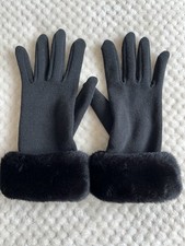 Womens Black Faux Fur Cuff Fitted Gloves One Size