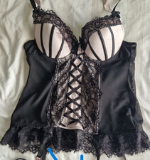 Lovehoney  Black and pale pink Basque with Suspenders  - Size Large (16 / 18)